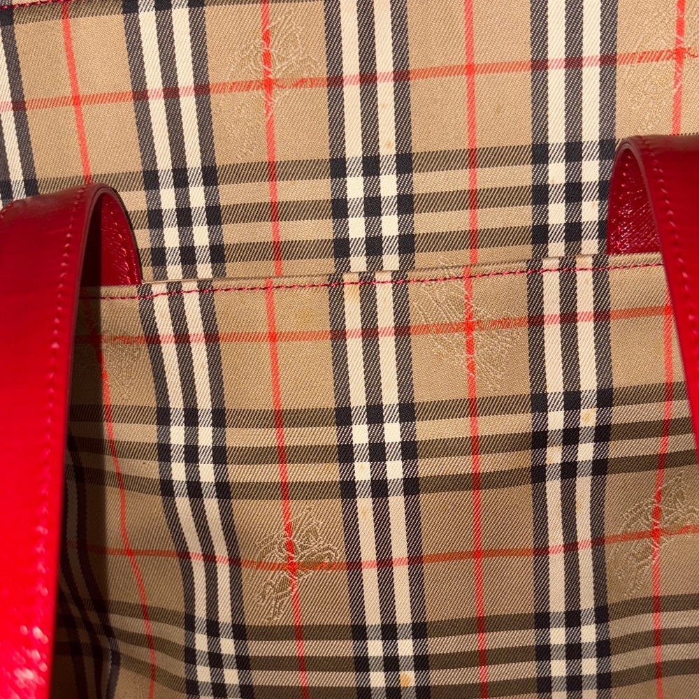 Burberry Plaid Canvas Tote with Red Leather Trim vintage - Picture 11 of 12